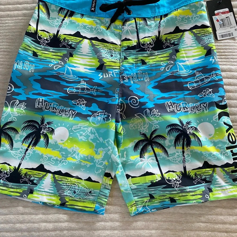 Hurley Boys Board Shorts Bathing Suit Pockets Tie Closure Palm Trees size 12 - Picture 11 of 12